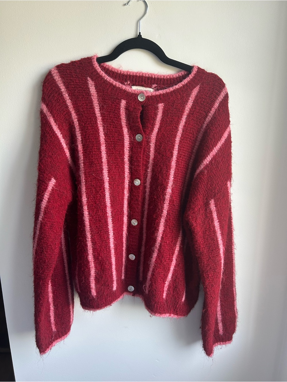 Simon’s Women's Red and Pink Striped Button-Front Sweater - Picture 2 of 6